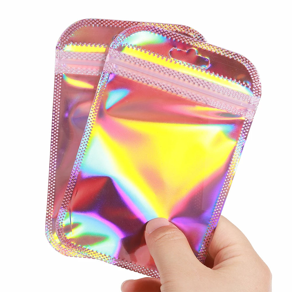 50pcs/lot Pink Laser Ziplock Bags Reusable Plastic Transparent Bags for Jewelry Packaging Cosmetic Retail Display Bags