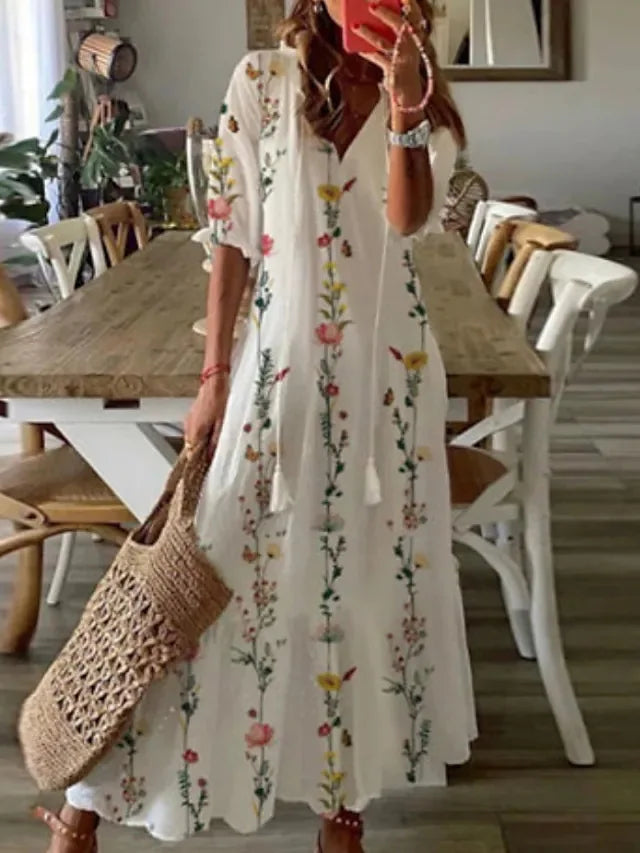 Women's Boho Maxi Dress – Casual V-Neck Drawstring Long-Sleeve Printed Bohemian Dress