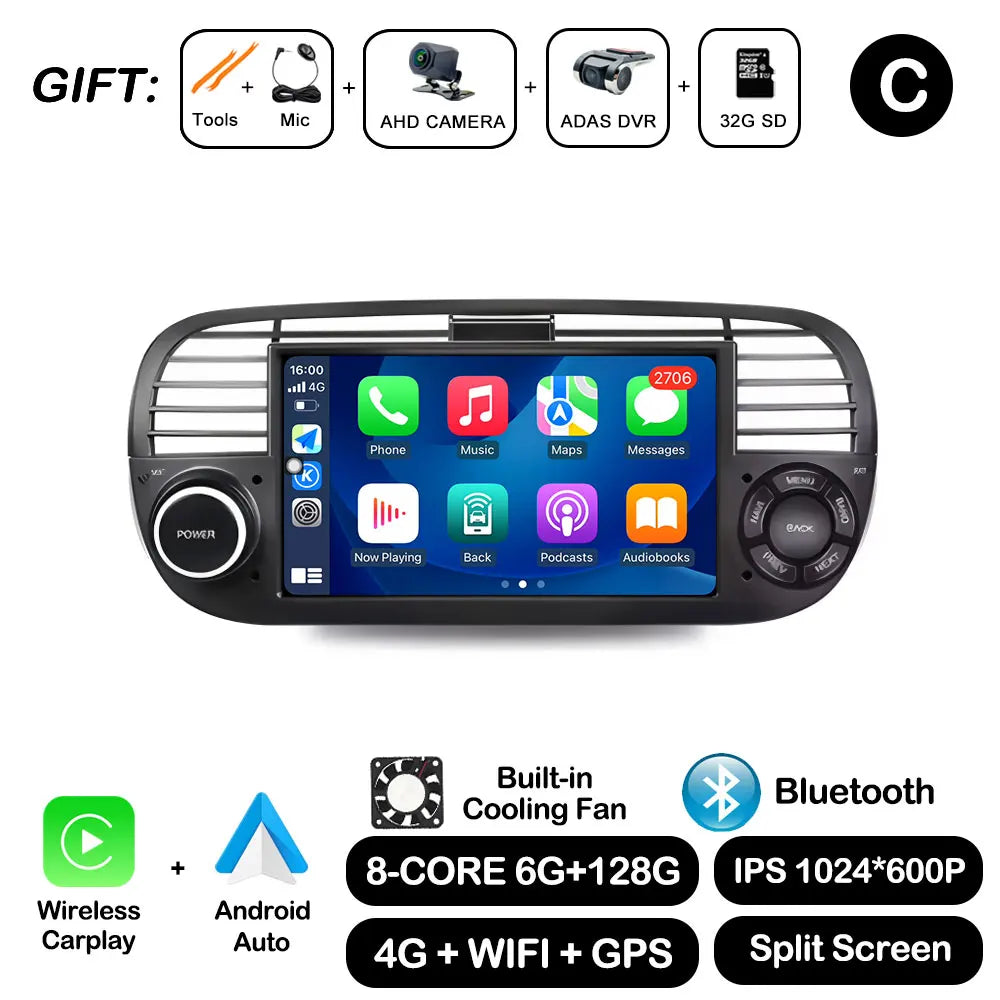 7" Car Stereo with Apple CarPlay & Android Auto, Compatible with Fiat 500 (2007-2015)
