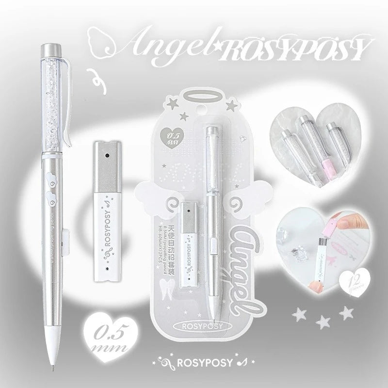 Angel Automatic Pencil Set 0.5HB Glitter Crystal Mechanical Pencil Push Button Cute Student Writing Tools Kawaii School Supplies