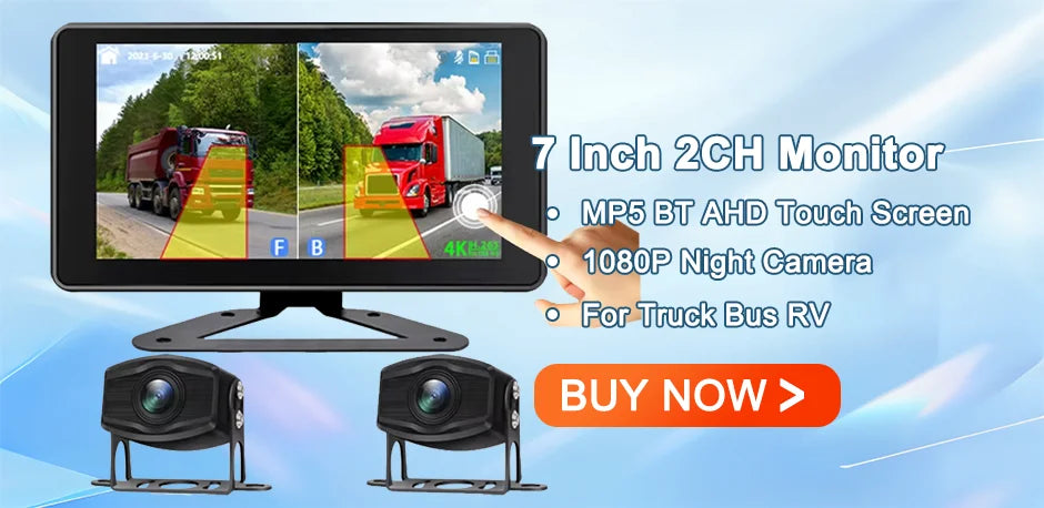 7 inch Truck DVR System BSD Sound and Light Alarm 2CH 1080P Night Camera Touch Screen MP5 BT AHD Monitor 24H Parking Recorder