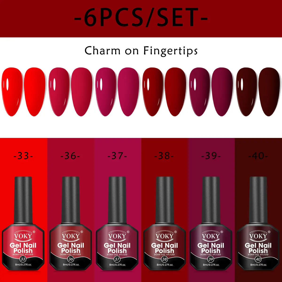 8ml 6-piece gel nail polish set, classic colors, smooth application, shiny effect, no fragrance