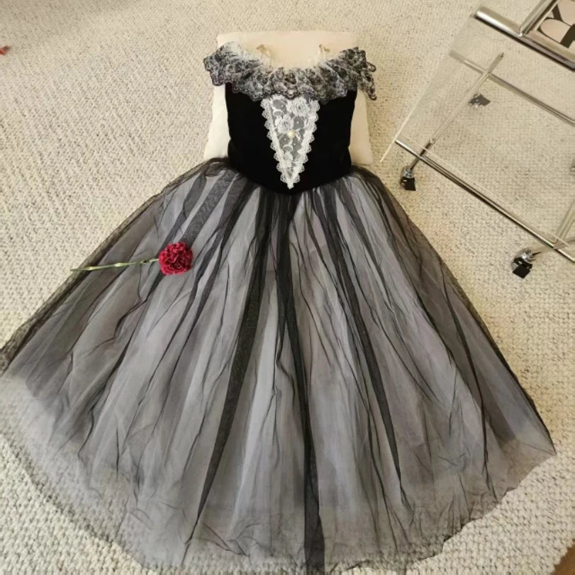 Girls black lace off-shoulder ballet tutu dress