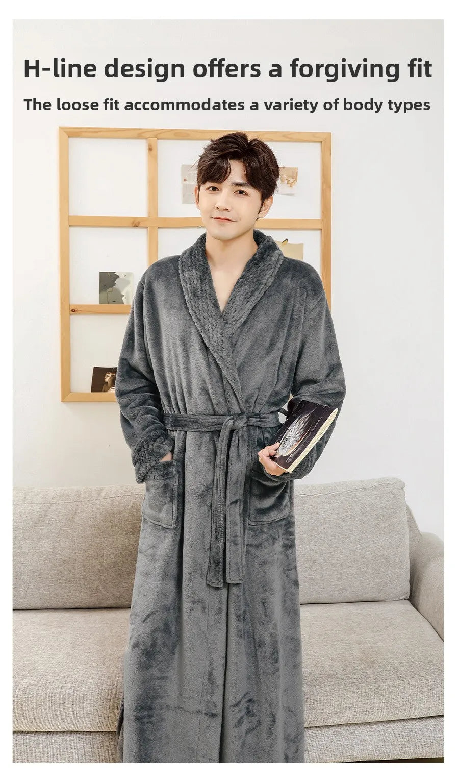 Couples Flannel Robe, Long Warm Fleece Bathrobe for Men and Women