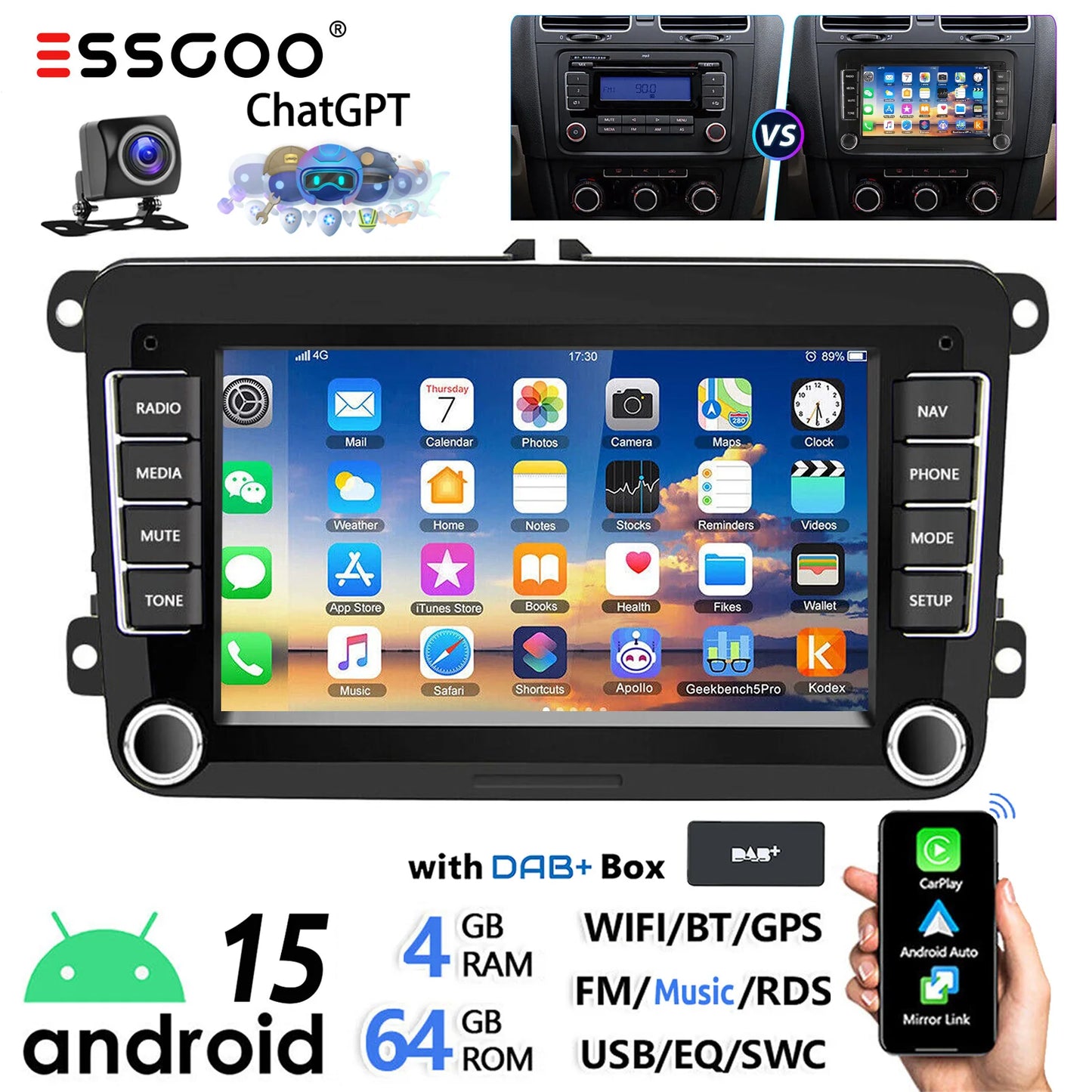 ESSGOO 7" Android 14 4G+64G Apple Carplay ChatGPT Car Stereo GPS WIFI RDS BT for VW Golf 5 6 Passat Polo Touran Tiguan Caddy EOS