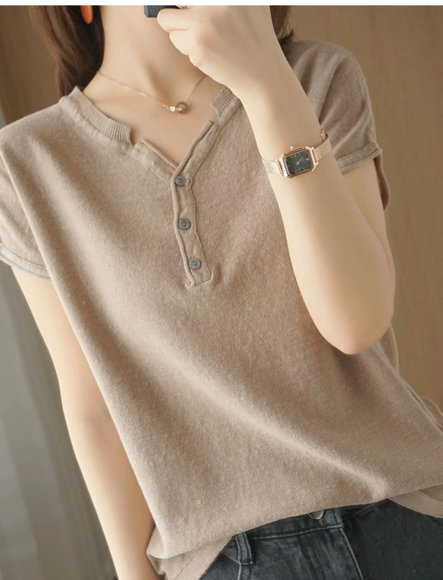 Summer 100% pure cotton women's T-shirt V-neck knitted short sleeved loose Tees solid color pullover button Tops basic versatile