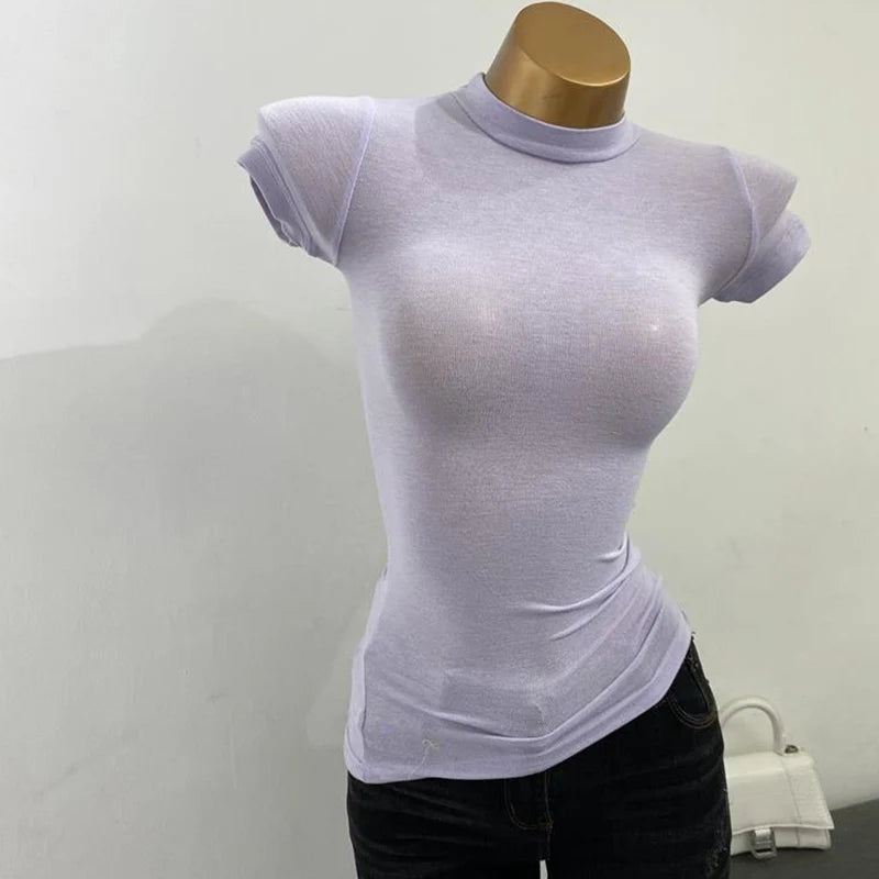 Women's Mock-Neck Sheer Tee — Slim Stretch Short-Sleeve Layering Top