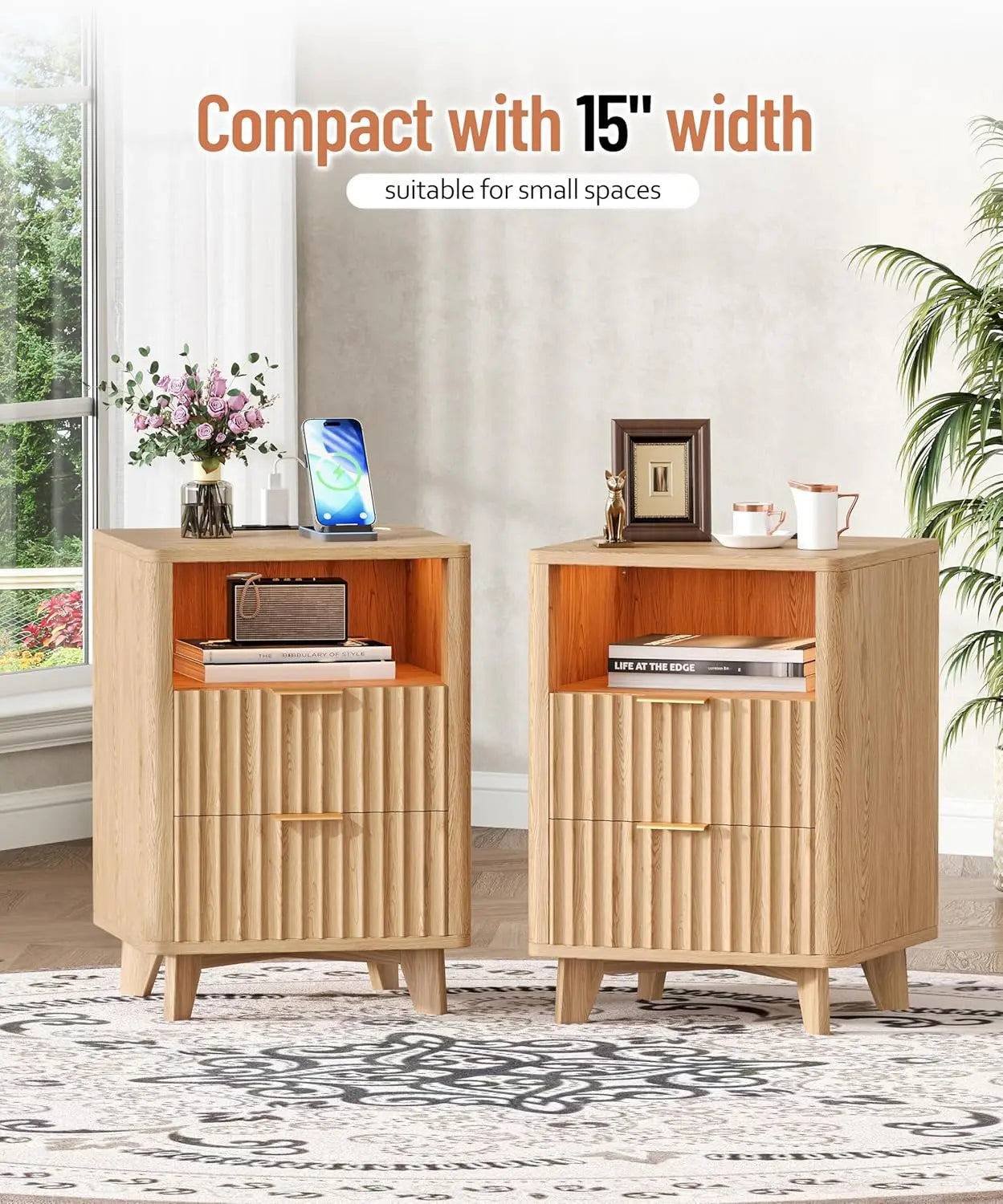 Fluted Nightstand Set USB LED 2 Drawers Shelf Small Bedroom Oak,Customized