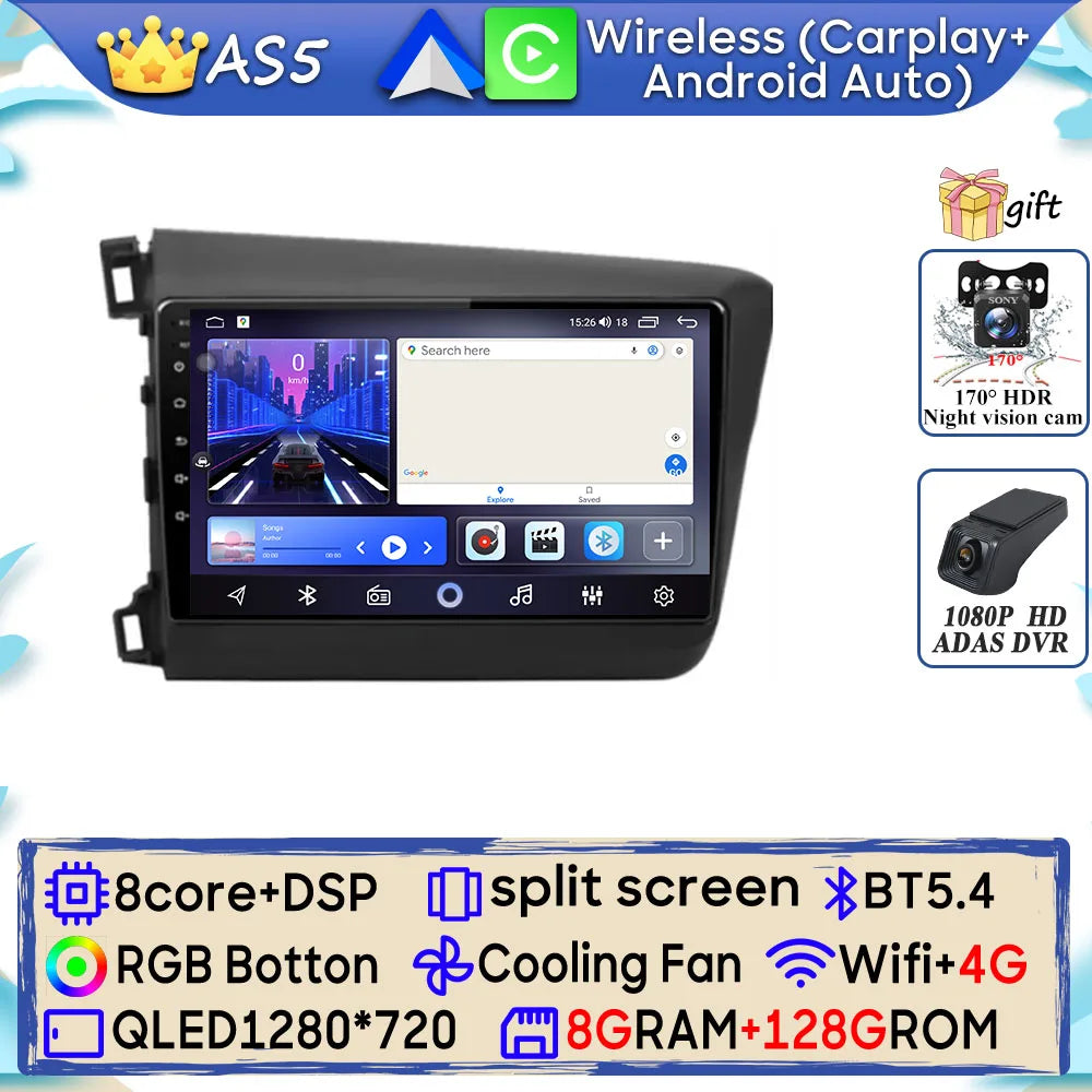 Car Stereo with Apple CarPlay & Android Auto, Compatible with Honda Civic 9 (2012-2015)