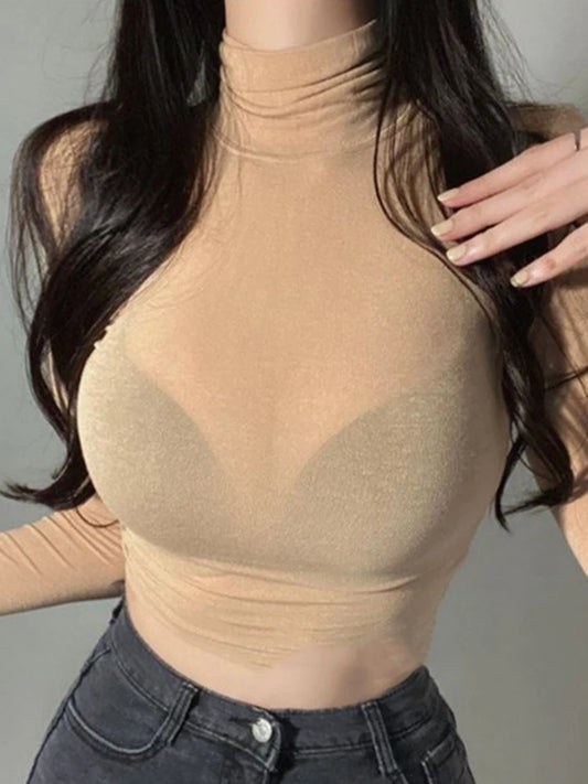 Summer New Slim Crop Top Sexy Women T Shirt See Through Transparent Mesh Tops Long Sleeve Sheer Slim Ladies Turtleneck T-Shirt