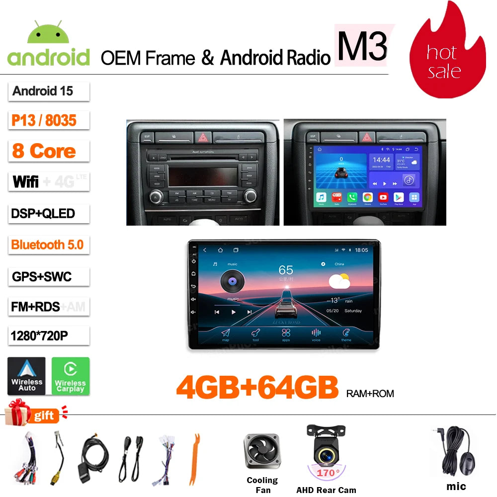 Android Car Stereo for Audi A4 B6 B7, S4, RS4 & Seat Exeo (2002–2009) — CarPlay, Bluetooth, 2-DIN