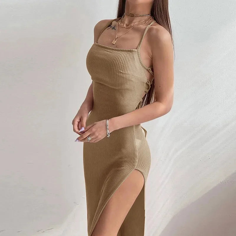 Women's Sexy Black Long Bodycon Dress – Sleeveless Backless Halter Neck High Split Maxi Dress | S–L (Black, Khaki)