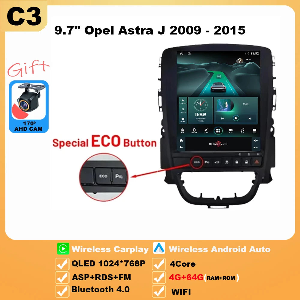 9.7 inch For Opel Astra J 2009-2015 Android 16 Car Radio Multimedia Video Player GPS Tesla Model wireless android Auto WIFI 4G