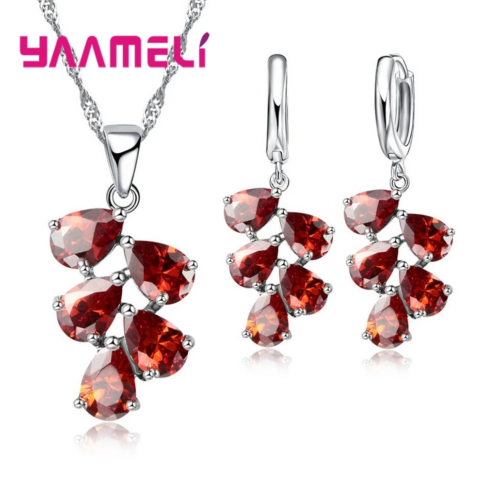 Anniversary Gift For Women Trendy 925 Sterling Silver Jewelry Sets Cubic Zirconia Pendants Necklaces Charm Hoop Earrings