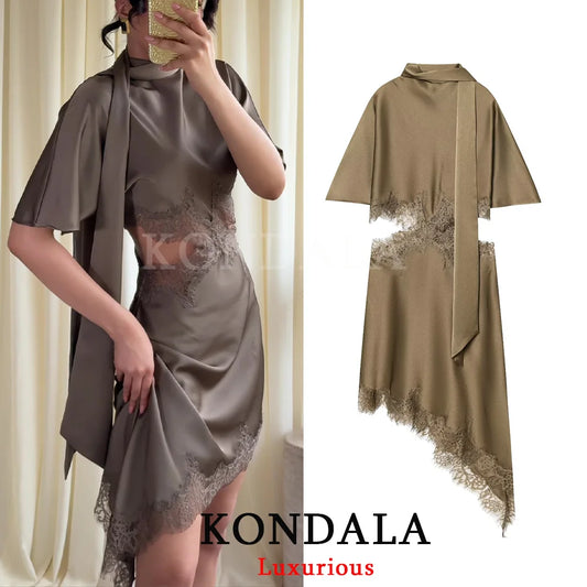 KONDALA Elegant Sexy Chic Women Mini Dress Asymmetrical Scarf Collar Dress Fashion 2026 Spring Summer Holiday Night Out Dress