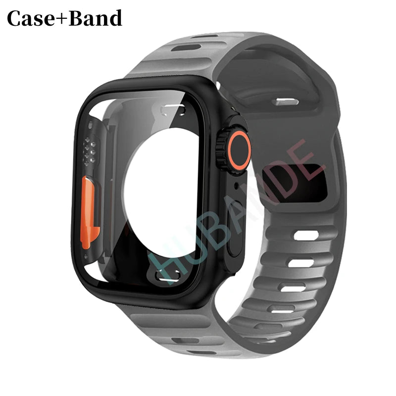 Silicone strap For Apple Watch 44mm 45mm 41mm 40mm Bracelet+Screen protectores Change to Ultra For iWatch Series 9 8 7 SE 6 5 3