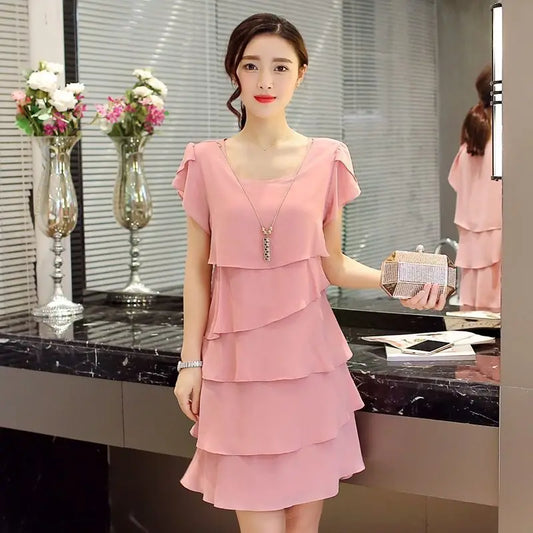 Women's Ruffle Chiffon Mini Dress — Sweet Solid Short-Sleeve O-Neck Dress