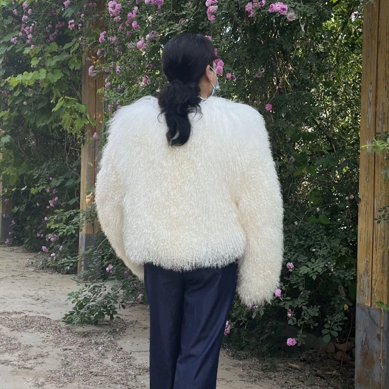 Women's Mongolian Sheep Fur Jacket, Round Neck