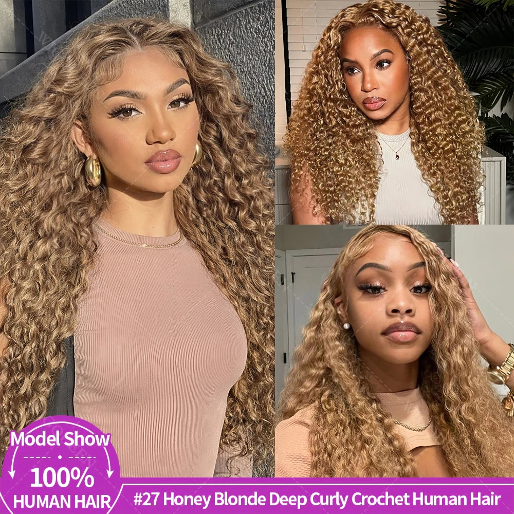 12A Deep Wave Crochet Hair Honey Blonde Highlight Ocean Wave Crochet Bulk Human Hair Extensions Curly Crochet Hair With String