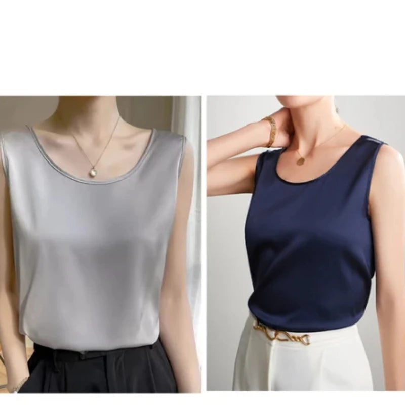 Summer Satin Mulberry Silk Tank Top Casual Versatile Champagne Tops Woman 2026 New Fashion Elegant Vest Loose Sleeveless T-shirt
