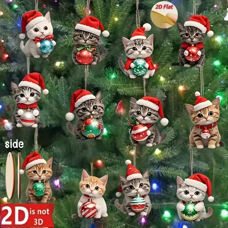 12pcs Christmas Cat Tree Decorations - 2D Plane Wooden Festivals and Party Decorations Elegant Wooden Plaques Holiday Home Decor