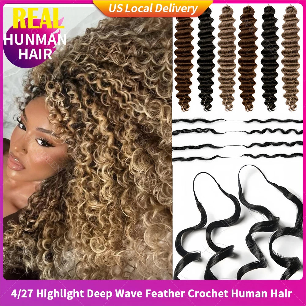 12A Deep Wave Crochet Hair Honey Blonde Highlight Ocean Wave Crochet Bulk Human Hair Extensions Curly Crochet Hair With String