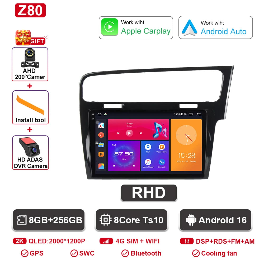 Android Car Stereo for VW Golf 7 MK7 GTI (2012–2021, RHD) — CarPlay, Android Auto, GPS, 2-DIN