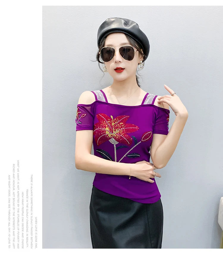 Women's Off-Shoulder Rhinestone Mesh Top