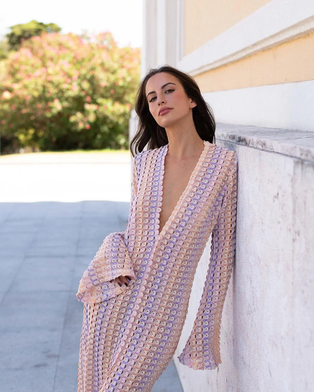 Crochet Colorful Stripe Flare Sleeve Maxi Dress Women V-neck High Split Sexy Lace Long Dresses 2026 New Beach Banquet Vestidos