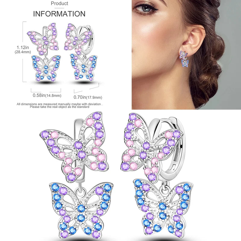 Sparkling Gold Woman Hoop Earrings 925 Sterling Silver Butterfly Colored Zirconium Earrings for Women Jewelry Anniversary Gift