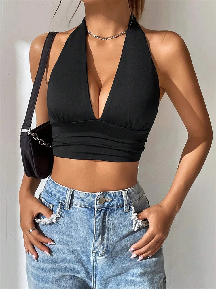 Women's Sleeveless Backless Deep V-Neck Halter Crop Top – Y2K Streetwear Club Party Top | S–L (Black, White)