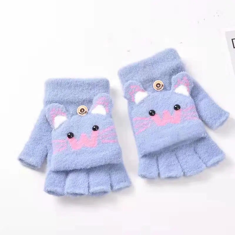 Kids Flip-Top Faux Fur Mittens - Cartoon Knit Winter Gloves - photo 8