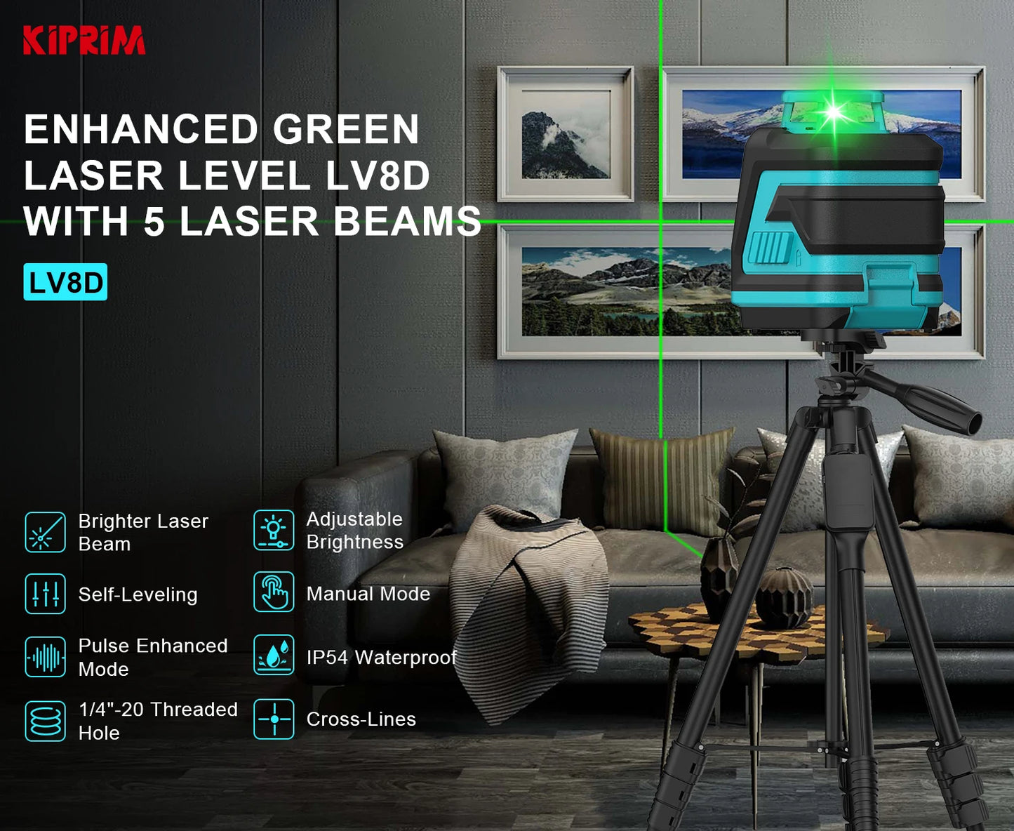 Kiprim Laser Level 2/5 Lines 360° – Automatic Self-Leveling Green Light Cross Laser for Construction
