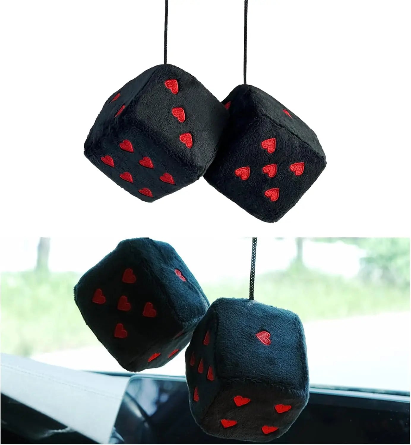 1 Pair 7cm Fuzzy Plush Dice Heart Shape Decor for Car Rearview Mirror, Retro Square Decoration Dice for Car Hanging Accessories
