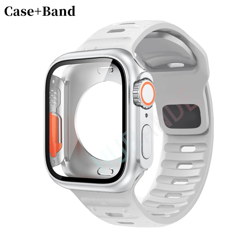 Silicone strap For Apple Watch 44mm 45mm 41mm 40mm Bracelet+Screen protectores Change to Ultra For iWatch Series 9 8 7 SE 6 5 3