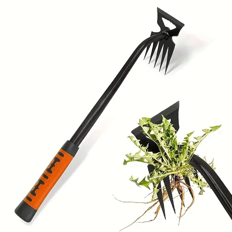 Carbon steel 2-in-1 garden weeding rake and soil loosener