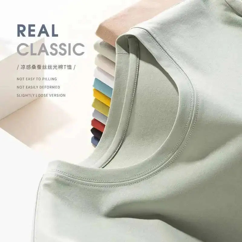 Women's Luxury Mulberry Silk Cotton T-Shirt – Loose Round Neck Short Sleeve Solid Basic Top