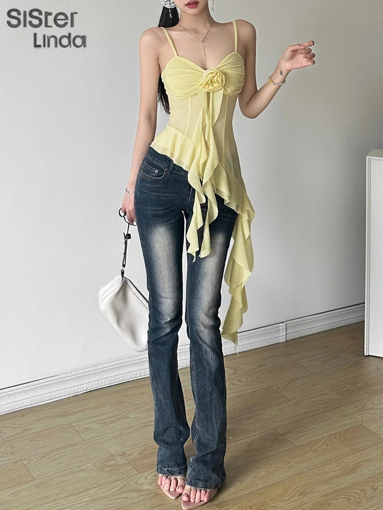 High Quality Women's Sexy Suspender Top Popular In Spring And Summer 2026 Low Cut Backless Yellow Flower Decorated Women's Top