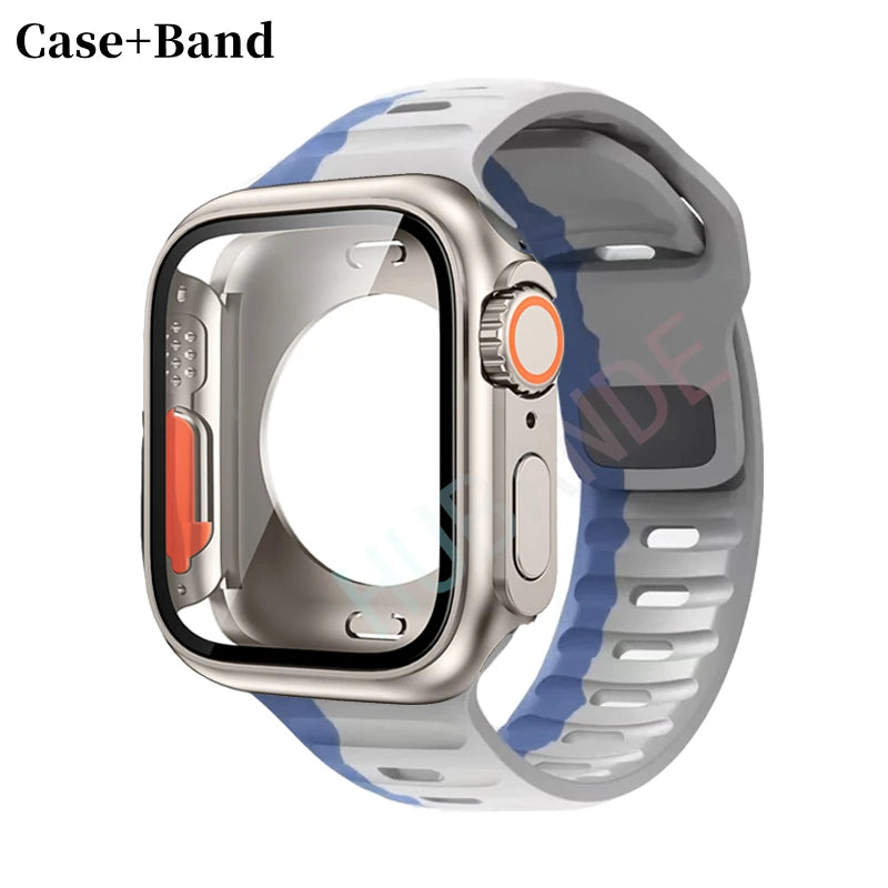 Silicone strap For Apple Watch 44mm 45mm 41mm 40mm Bracelet+Screen protectores Change to Ultra For iWatch Series 9 8 7 SE 6 5 3