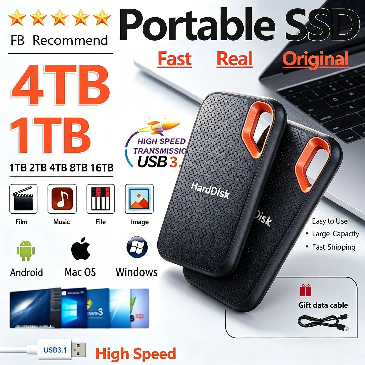 Ultra Thin Portable External SSD Solid State Drive | USB 3.1 Type-C