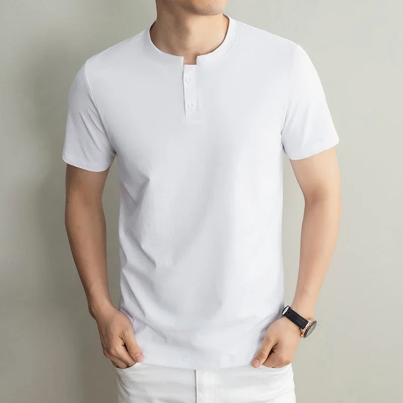 Men's Plain Henley Tee - Two-Button Placket, Soft Breathable Knit