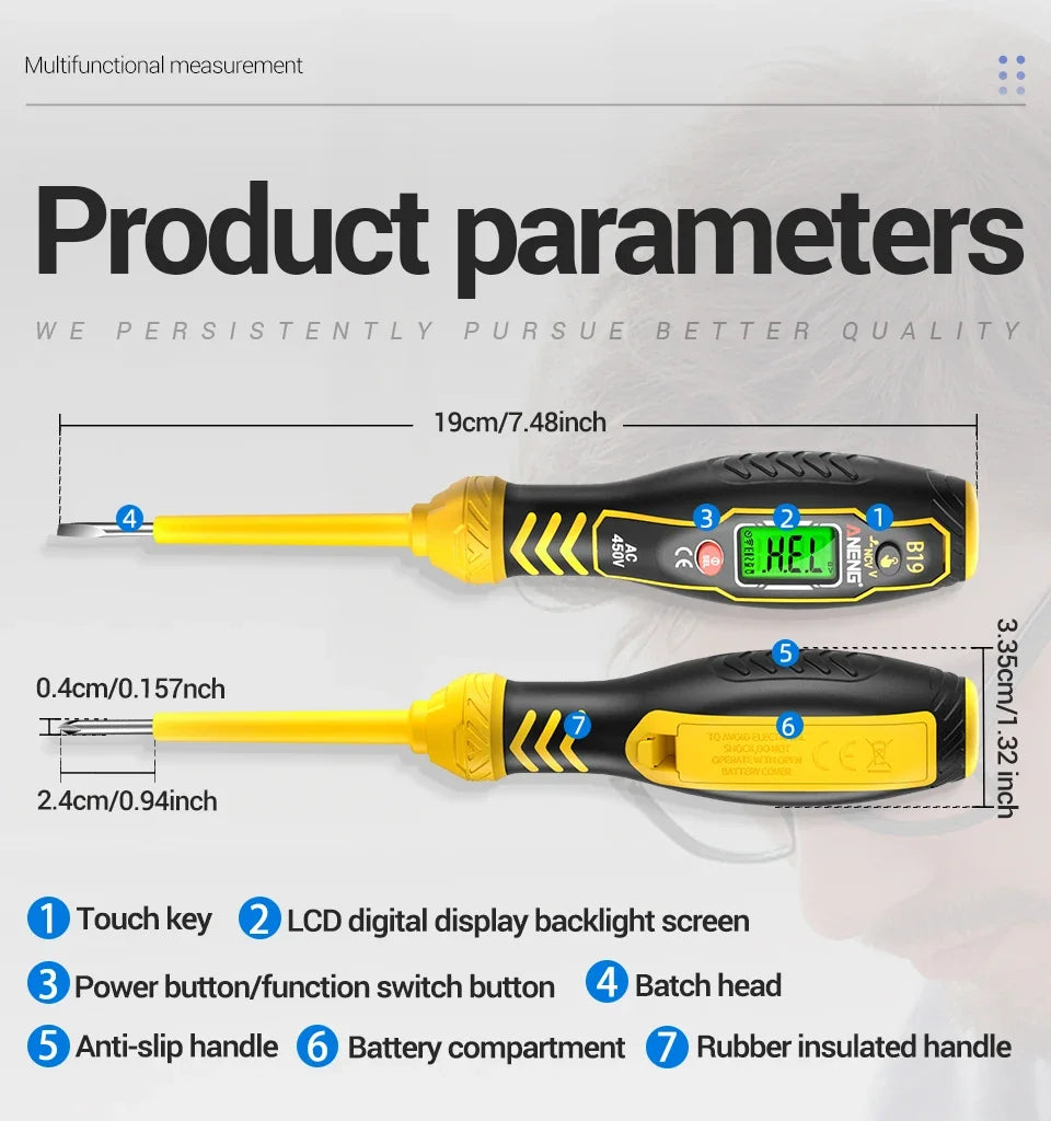 ANENG B19 Cross/flat Screwdriver Pen Small Handheld Test Pencil Non-contact Detection 30-1000V Voltage Buzzer Breakpoint Finder