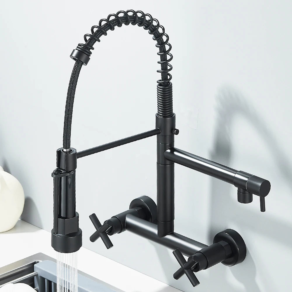 Pull Down Kitchen Faucet Wall Mounted Spring  Hot Cold Water Dual Spouts Kitchen Tap 20cm Distance For Two Holes