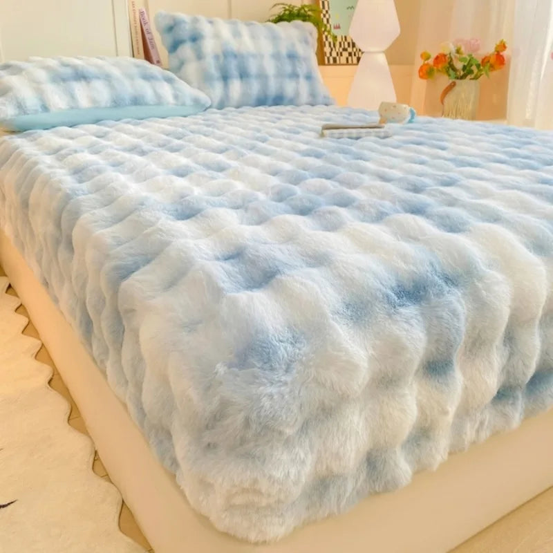 Fluffy Plush Fitted Bed Sheet for Winter Solid Color Rabbit Fleece Bed Sheets on Elastic Winter Warm Thicken Mattress Protector
