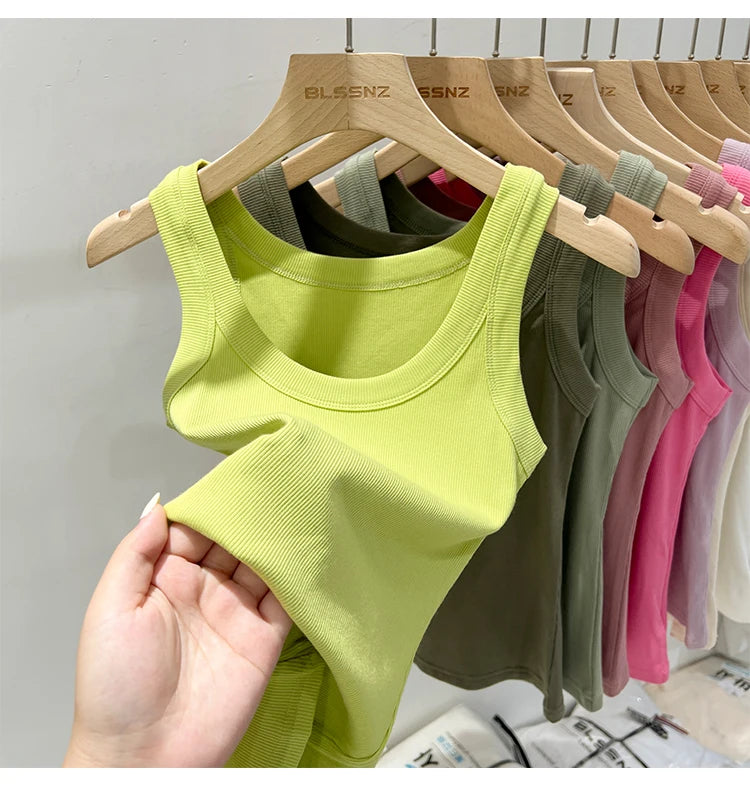 AOSSVIAO Women Solid Round Neck Ribbed Tank Top Camisole Women 2026 Summer Basic Elastic Tank Top O Neck Solid Tank Top