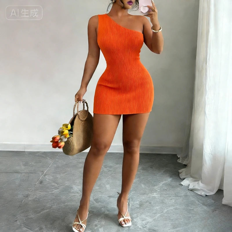 Women's Green One Shoulder Stretchy Knit Mini Dress Ribbed Bodycon Sleeveless Sexy Summer Party Night Club Vacation Dress