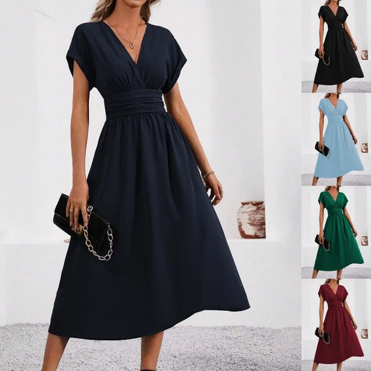 V-Neck Batwing Pleated Maxi Dress – Elegant Summer