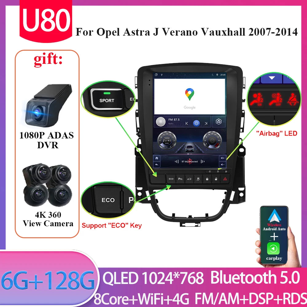 9.7" Android Car Stereo for Opel Astra J & Verano, Vauxhall (2007–2014) — CarPlay, GPS, 4G, Bluetooth