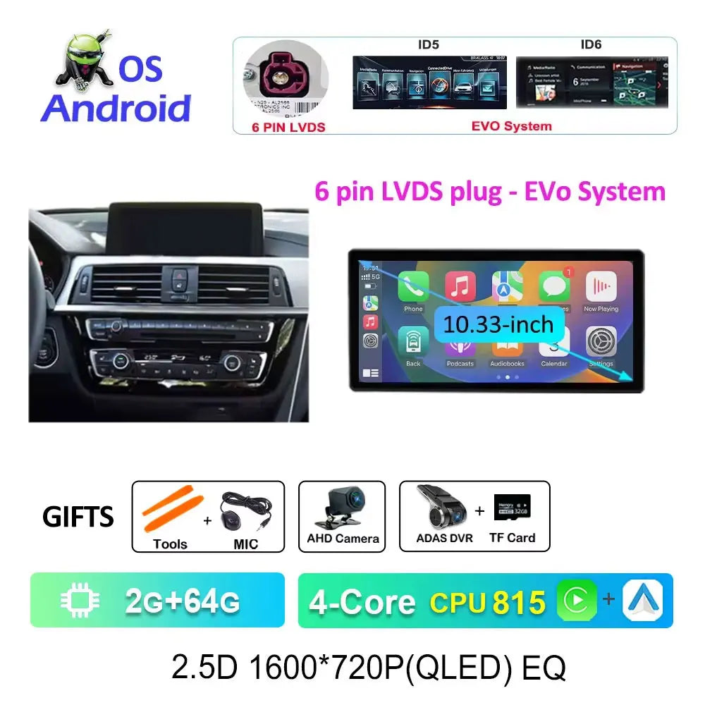 12.3" Android CarPlay Screen for BMW 3/4 Series F30 F31 F32 F33 F34 F36 (2013–2019) NBT/EVO — Android Auto, GPS, 4G