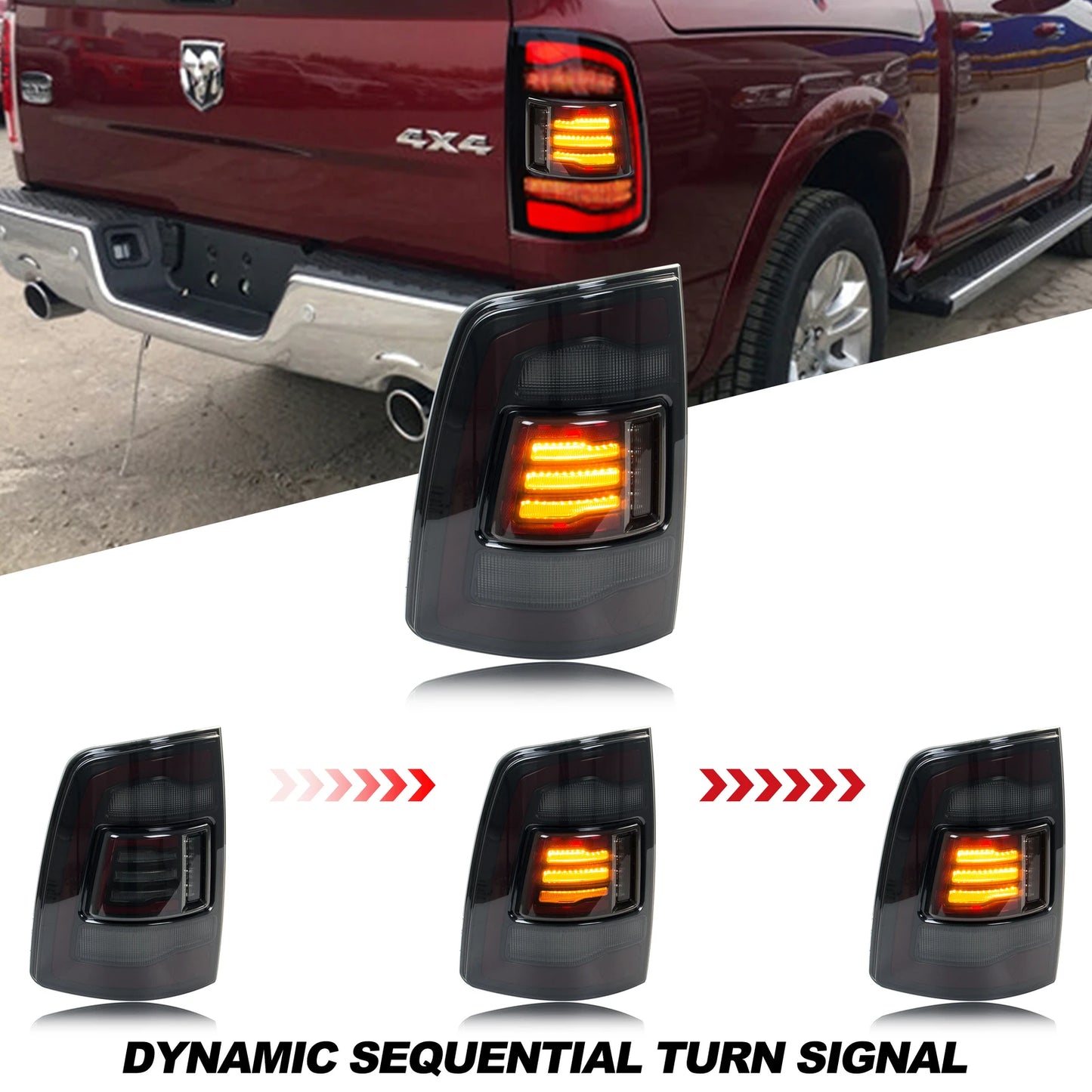 LED Sequential Tail Lights for Dodge Ram 1500/2500/3500 2009-2018 (Black, Pair)